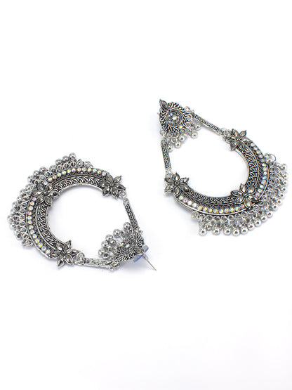 Silver Oxidised Artificial Stones & Beads Chandbali Earrings