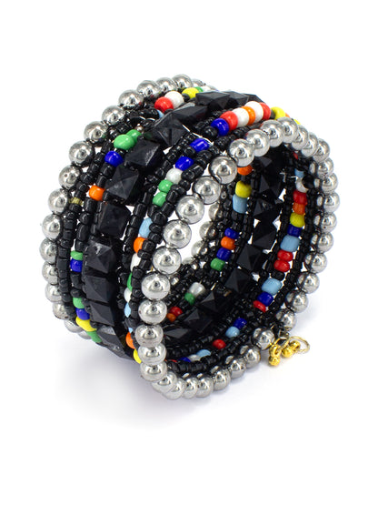 Black & Silver Plated Multicolor Beaded Cuff Designer Bracelet