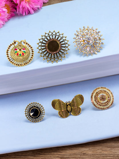 Set of 6 Gold Plated Artificial Stone Floral & Round Shaped Adjustable Finger Ring