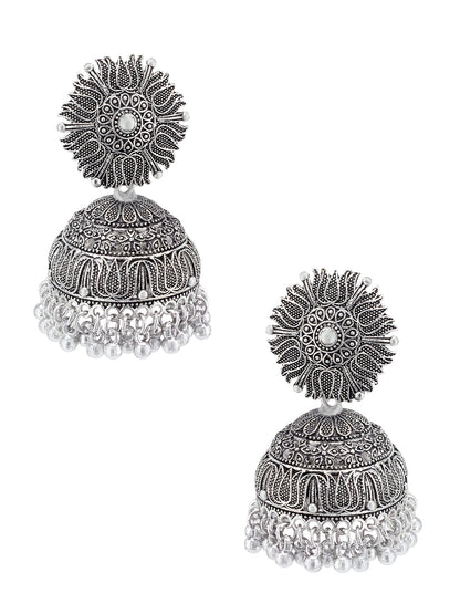 Silver Oxidised Floral Jhumka Earrings