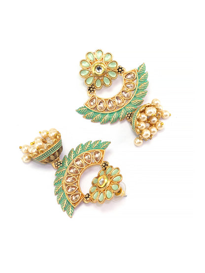 Gold Plated Green Floral Jhumka Earrings