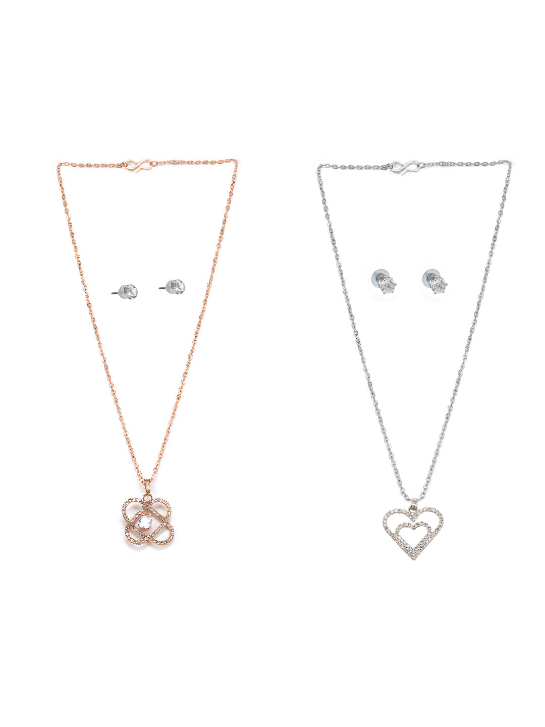 Pack of 2 Rose Gold & Silver Plated Pendant & Earrings Set Gift For Girls