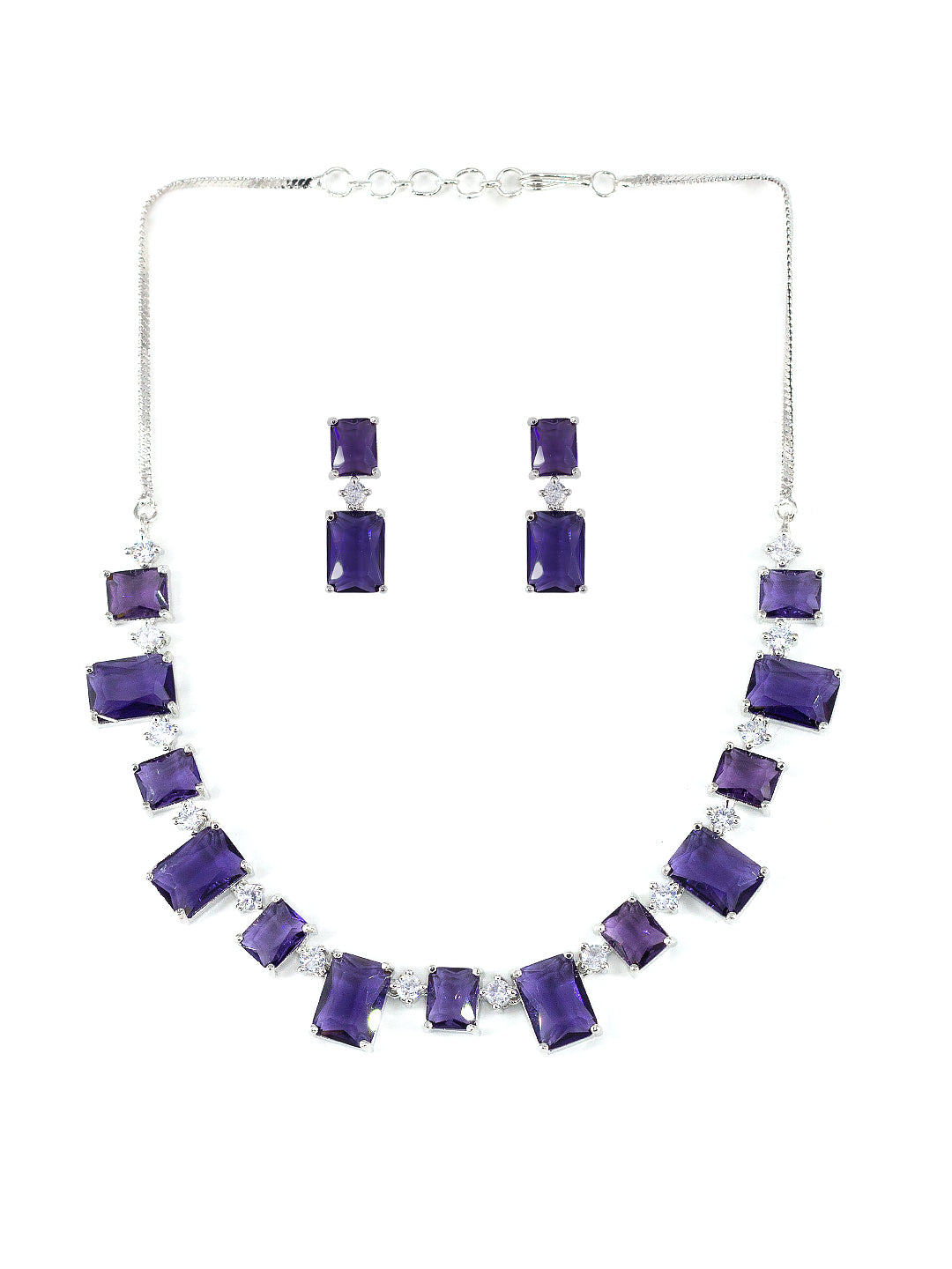 Rhodium Plated Purple Square American Diamond Jewellery Set