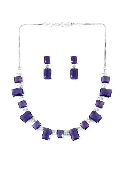 Rhodium Plated Purple Square American Diamond Jewellery Set