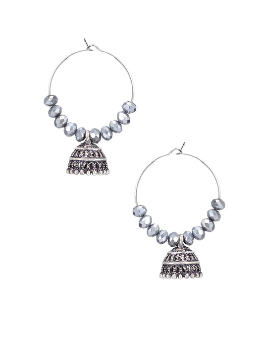 Silver Oxidised Gun Metal Plated Artificial Beaded Hoop Jhumki Earrings