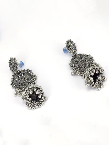 Silver Oxidised Floral Jhumka Earrings