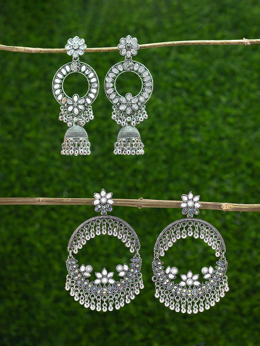 Pack of 2 Silver Oxidised Chandbali Jhumka Earrings