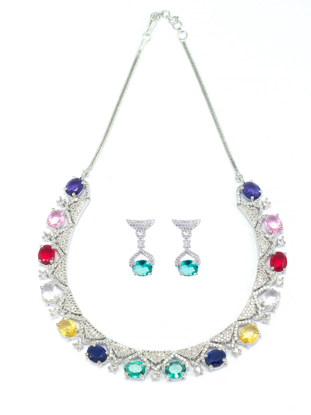 Rhodium-Plated Multi Color American Diamond Premium Jewellery Set