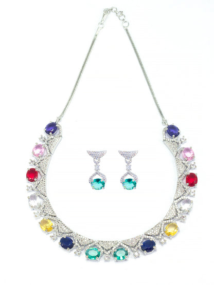 Rhodium-Plated Multi Color American Diamond Premium Jewellery Set