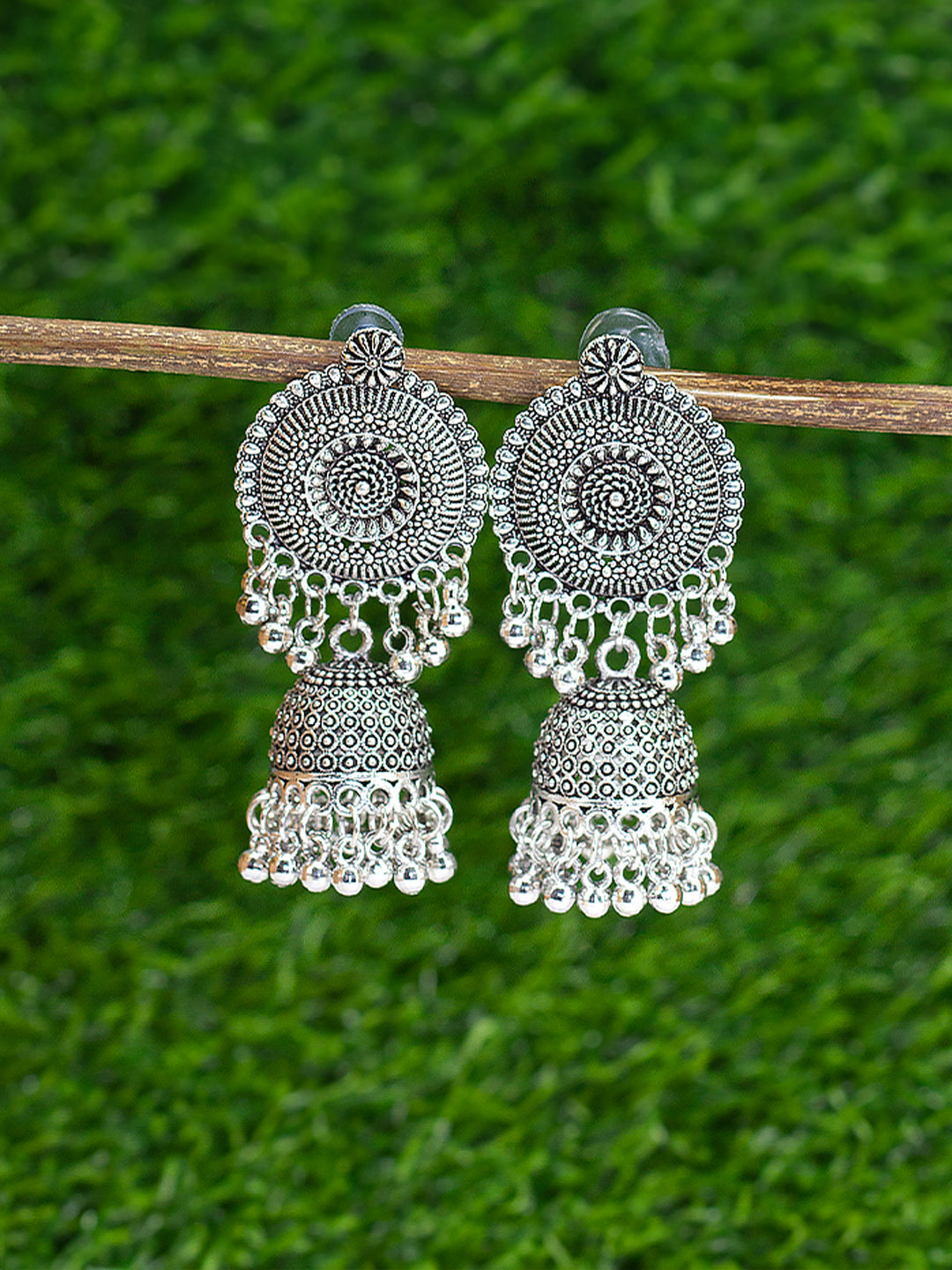 Silver Oxidised Floral Jhumka Earrings