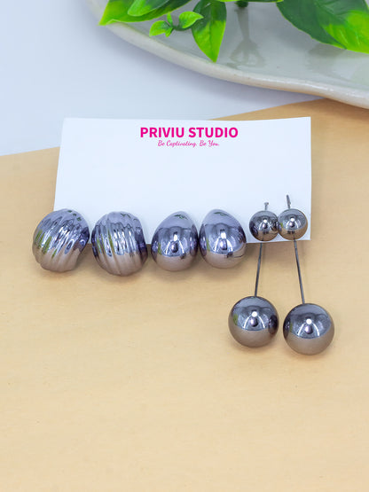 Pack of 3 Gun Metal Plated Studs & Drop Trendy Earrings