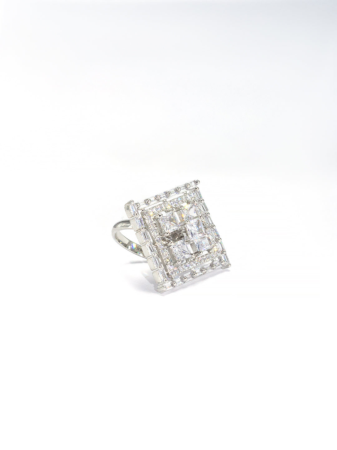 Rhodium Plated Square Cocktail American Diamond Adjustable Finger Ring