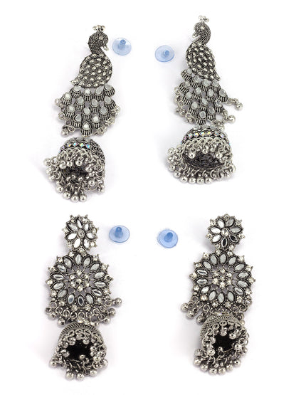 Pack Of 2 Silver-Oxidised Peacock Shaped Artificial Stones Studded Jhumkas