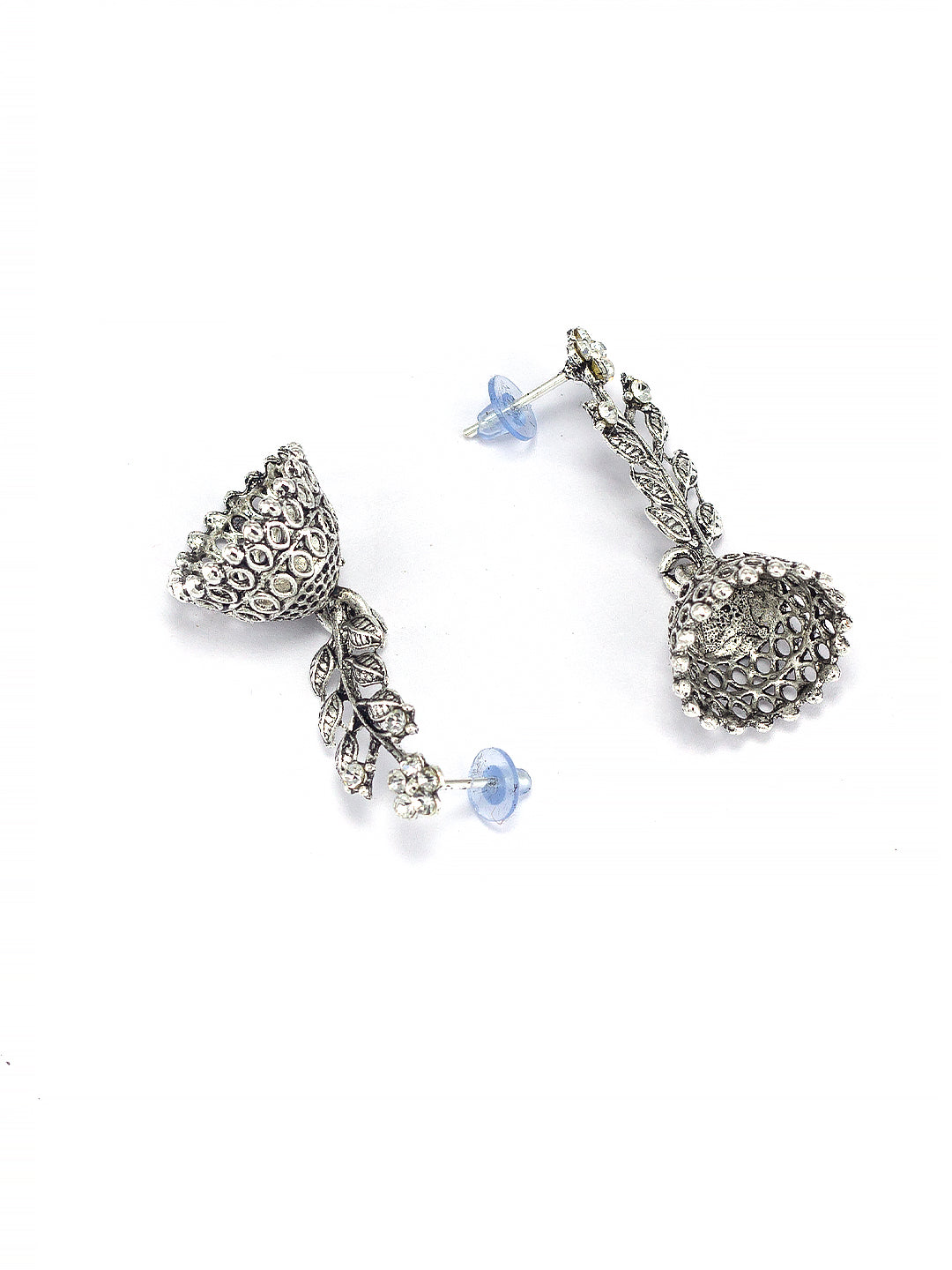 Silver Oxidised Leaf Shaped Stone Studded Jhumki Earrings