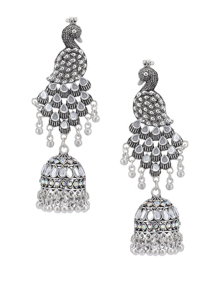 Pack Of 2 Silver-Oxidised Peacock Shaped Artificial Stones Studded Jhumkas