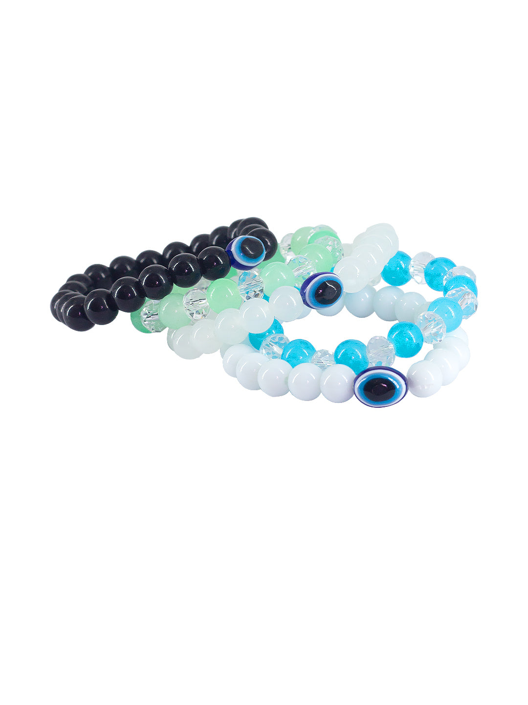 Set of Five Evil Eyes and Green & Blue Elastic Trendy Bracelets