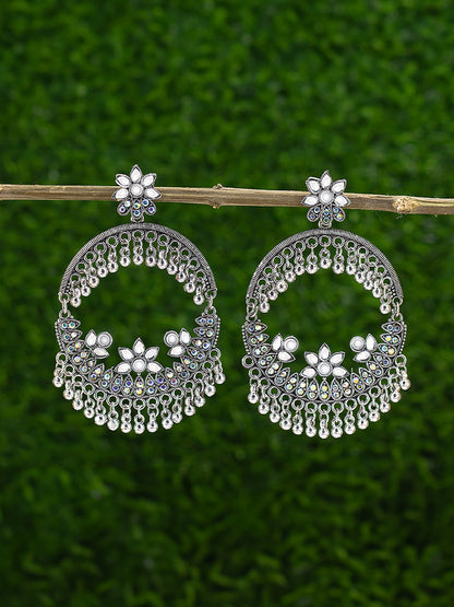 Silver Oxidised Artificial Stones & Beads Chandbali Earrings