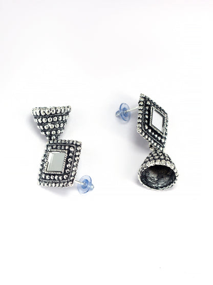 Silver Oxidized Square Mirror Studded Jhumki Earrings