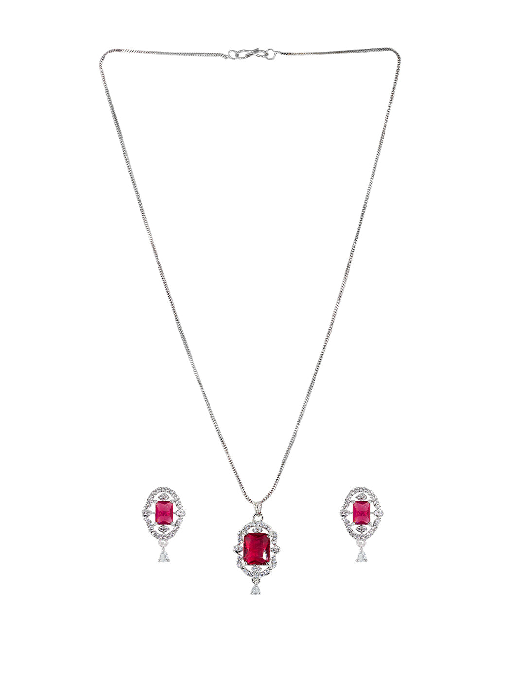 Rhodium Plated Red American Diamond Studded Pendant Set