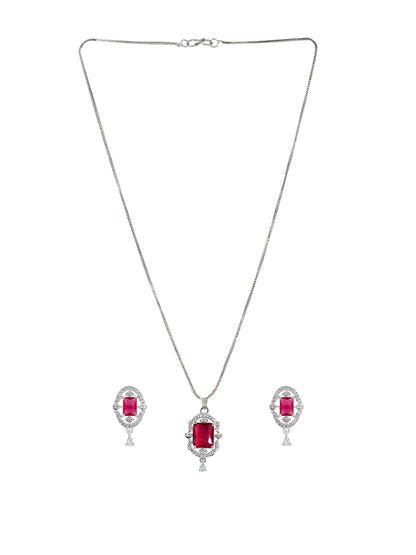 Rhodium Plated Red American Diamond Studded Pendant Set