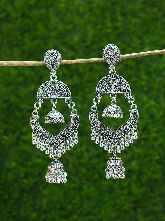 Silver Oxidised Chandbali Jhumka Earrings