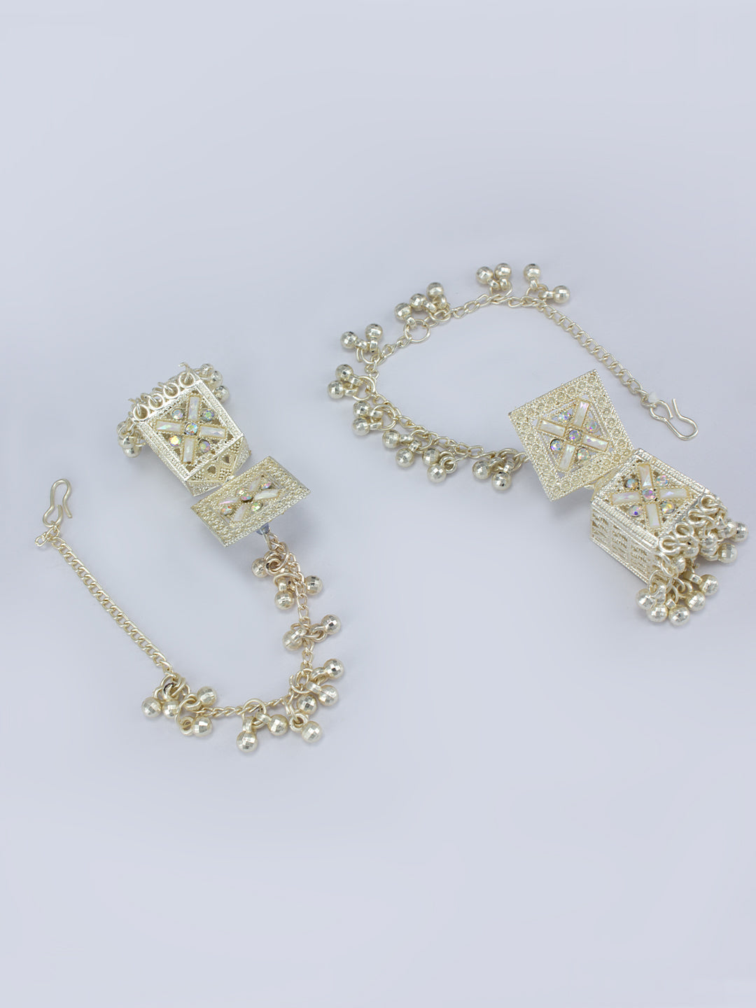 Gold Plated Artificial Stones & Beads Square Jhumka with Chain Earring