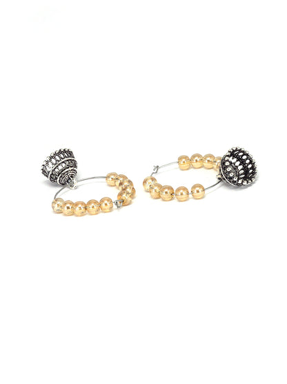 Silver Oxidised Brown Artificial Beaded Hoop Jhumki Earrings