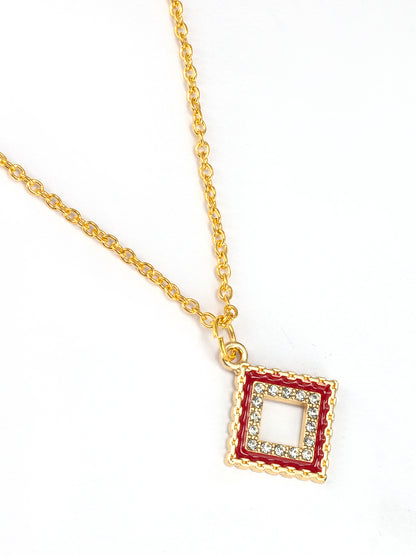 Gold Plated & Red Square Shaped Pendant & Studs Set