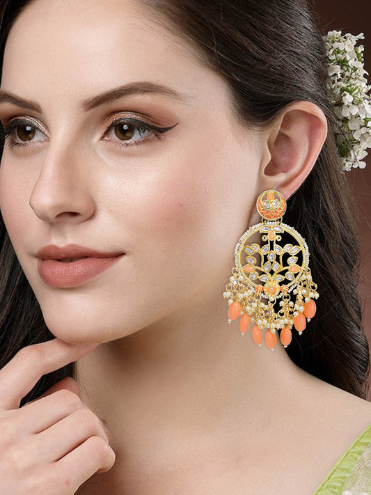 Gold Plated Artificial Stones & Beads Studded Drop Earrings