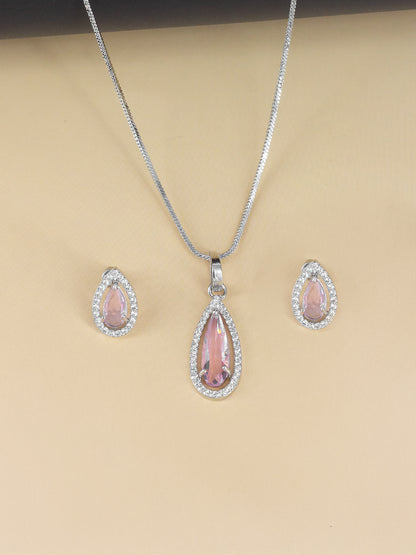 Rhodium Plated Pink Drop American Diamond Trendy Pendant Set