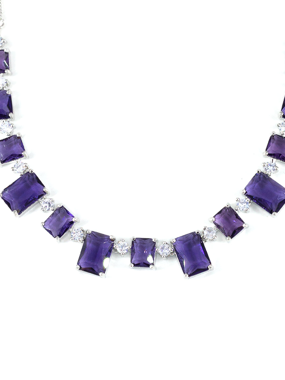 Rhodium Plated Purple Square American Diamond Jewellery Set