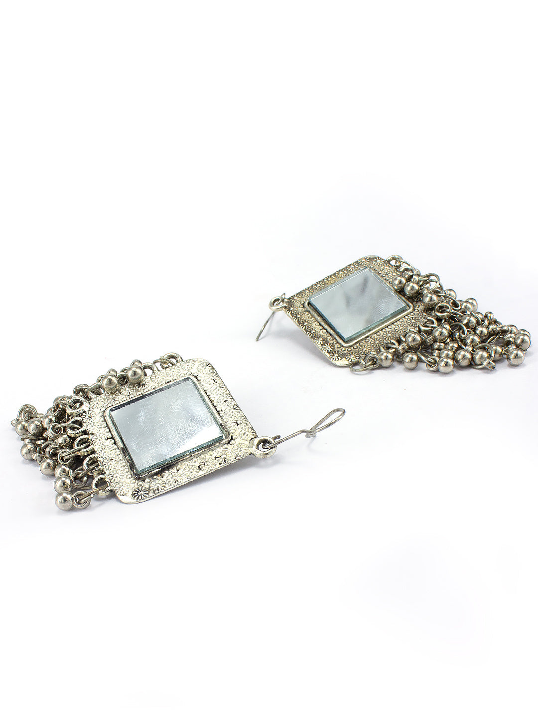 Silver Oxidised Mirror Studded Square Earrings