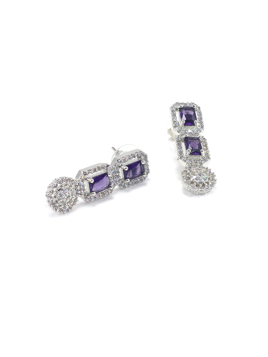 Rhodium Plated Floral Purple AD Trendy Drop Earrings