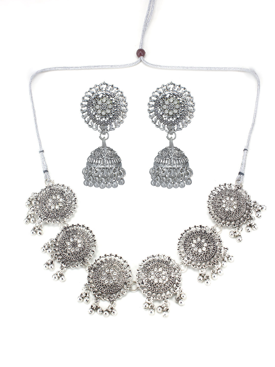 Silver-Plated Floral Cubic Zirconia Stone Studded Jewellery Set