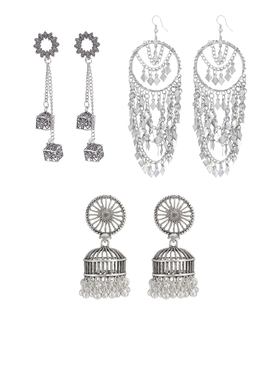 Pack of 3 Silver Oxidised Jhumka & Drop Earrings