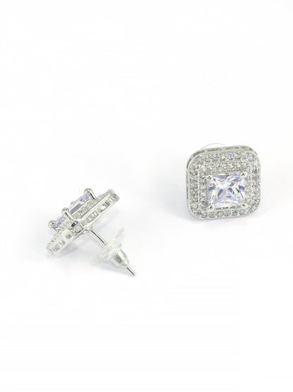 Rhodium Plated Square Shaped American Diamond Earrings