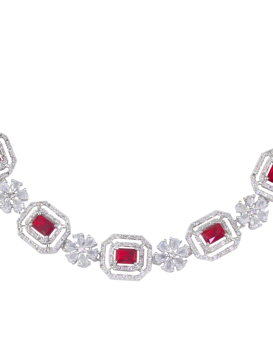 Rhodium Plated Red Floral American Diamond Jewellery Set