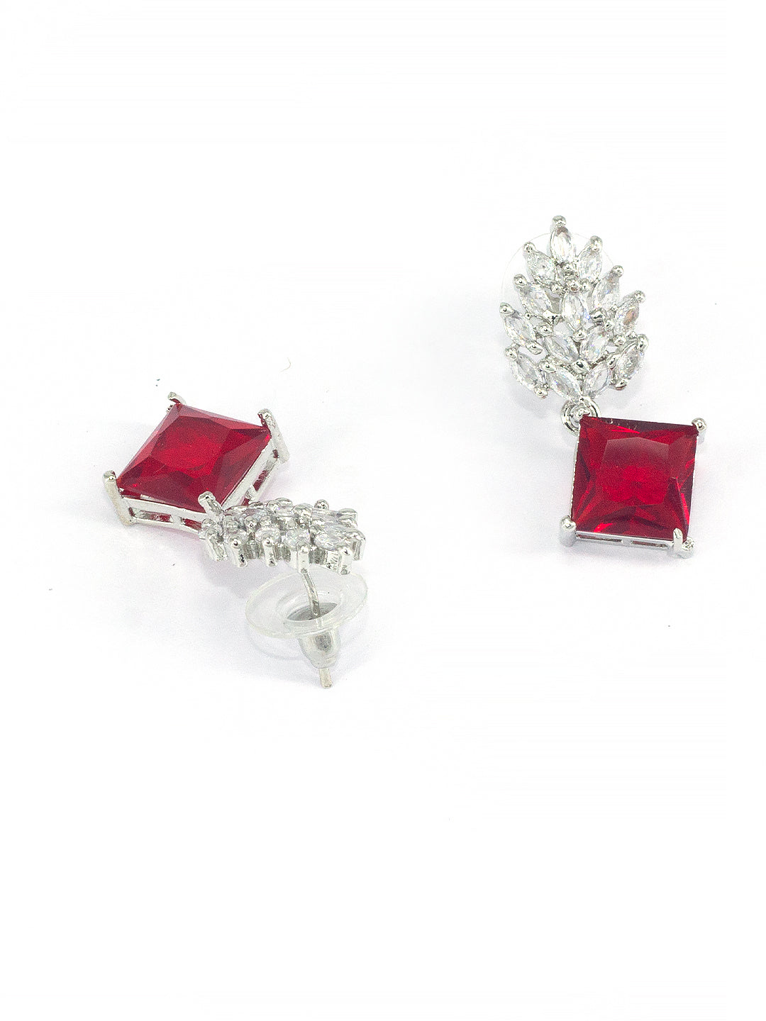 Rhodium Plated Red American Diamond Drop Earrings