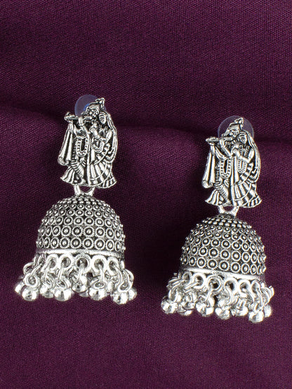 Silver Oxidised Radha Krishna Jhumka Earrings