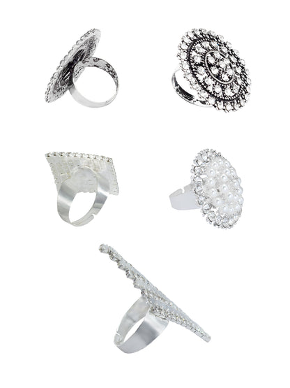 Set of 5 Silver Plated Artificial Stones Round & Rhombus Shaped Adjustable Finger Rings