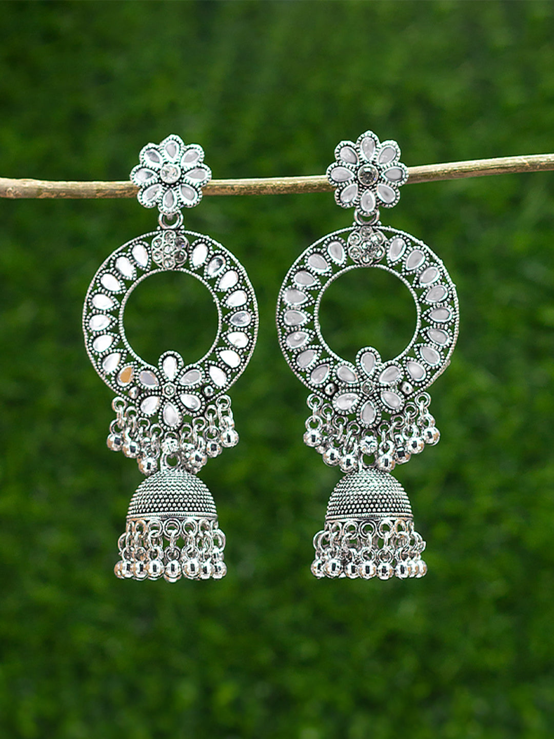 Silver Oxidised Floral Mirror Studded Chandbali Jhumka Earrings