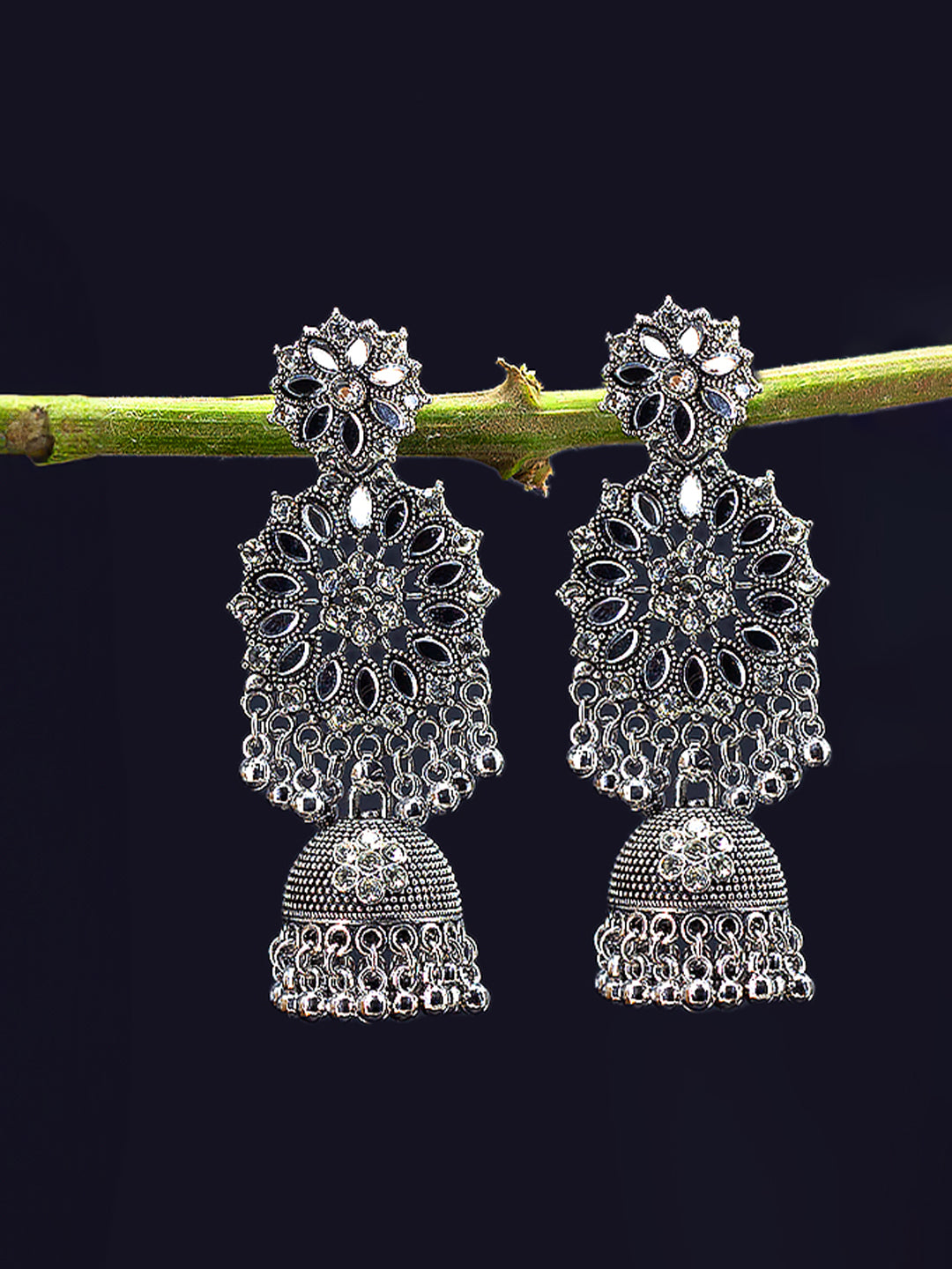 Silver Oxidised Floral Jhumka Earrings