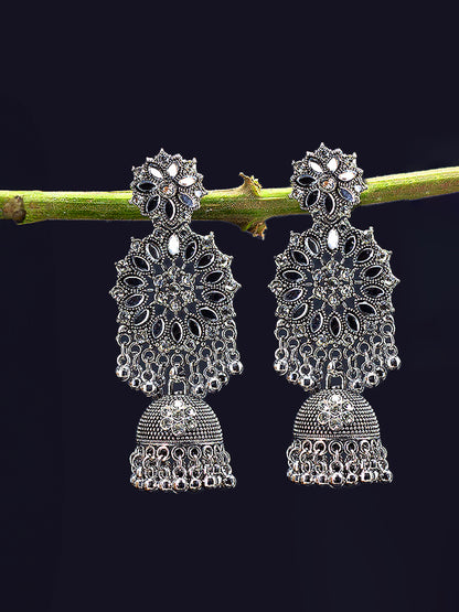 Silver Oxidised Floral Jhumka Earrings