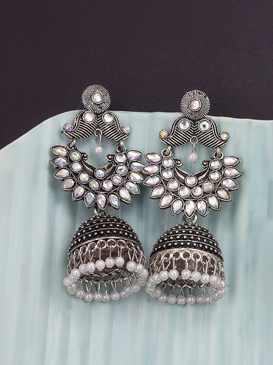 Silver Oxidised Floral & Artificial Beads Jhumka Earrings