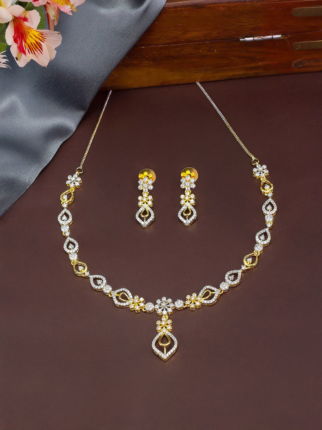 Gold Plated Floral American Diamond Jewellery Set