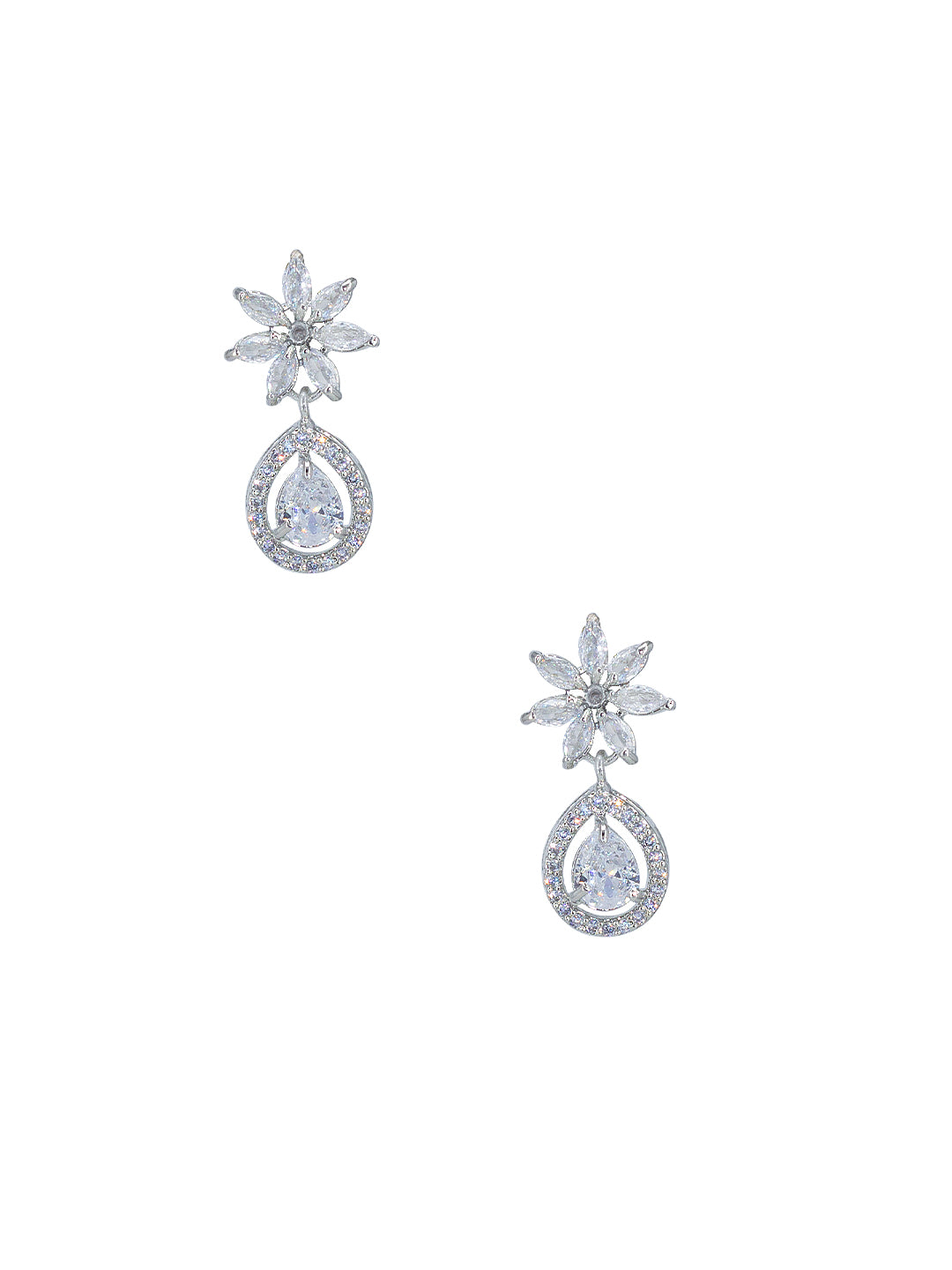 Rhodium Plated American Diamond Floral Drop Jewellery Set