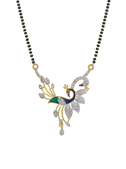 Gold Plated Peacock American Diamond & Black Beaded Trendy Mangalsutra With Earrings