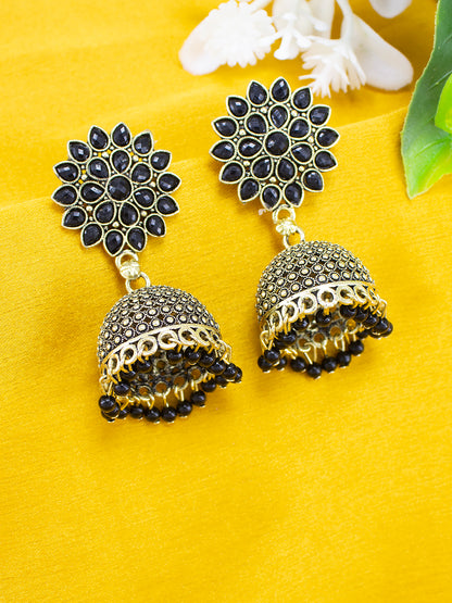 Gold Plated Black Floral Jhumka Earrings