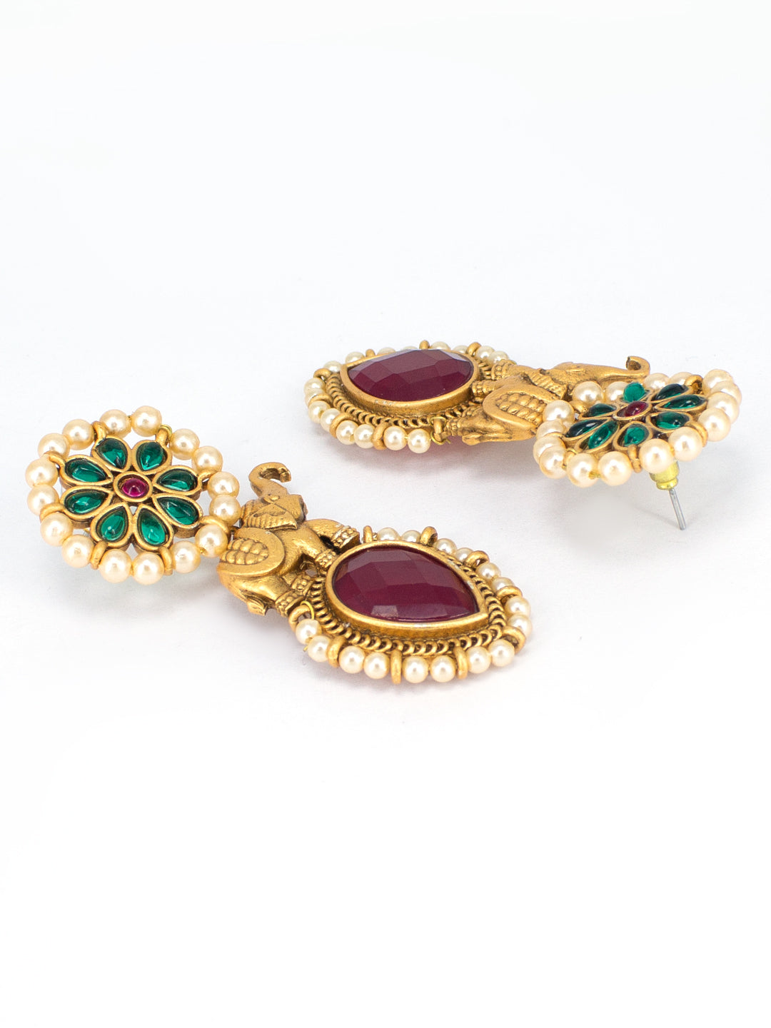 Gold-Plated Stone-Studded & Beaded Contemporary Drop Earrings