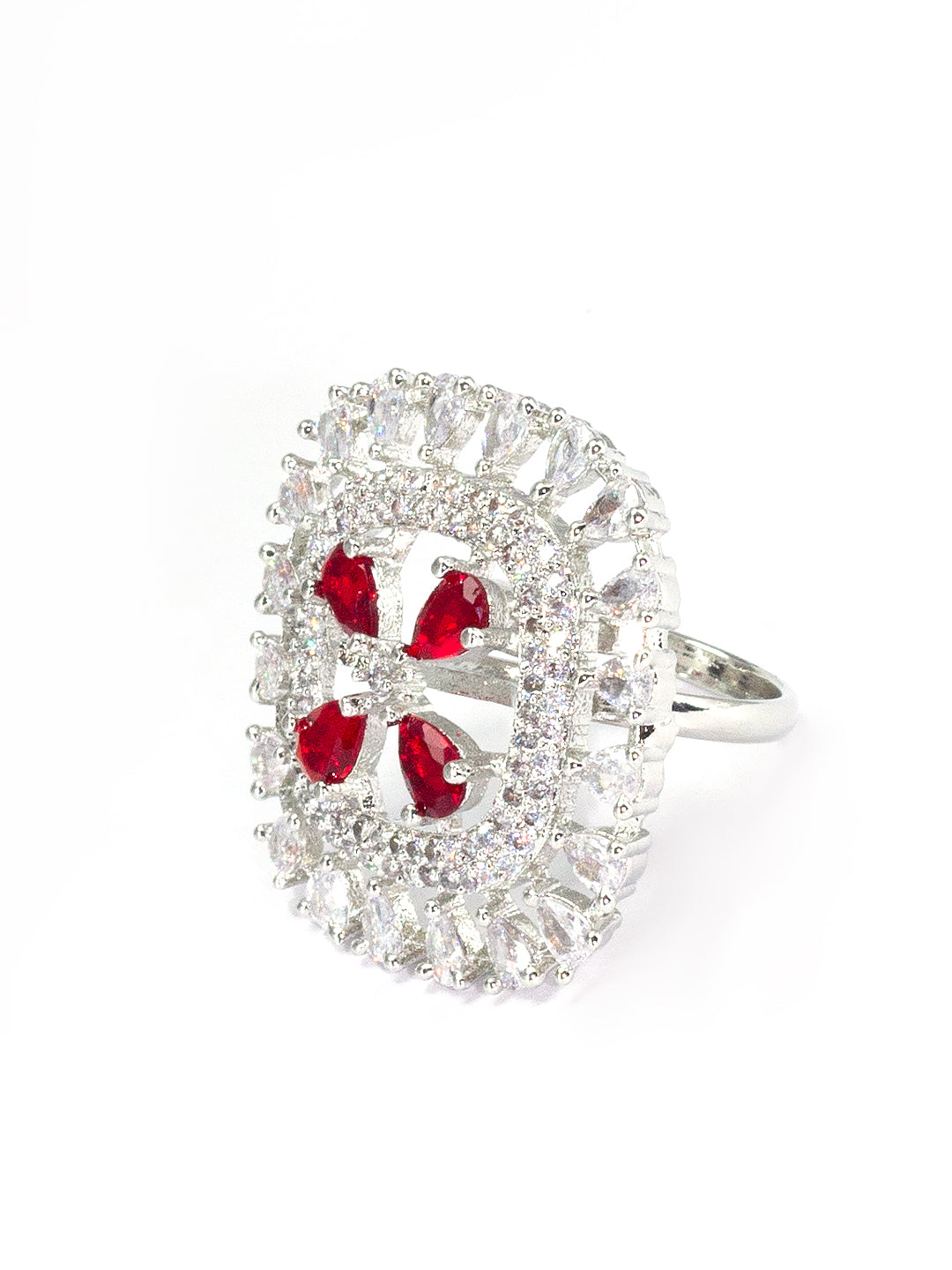 Rhodium Plated Red American Diamond Square Adjustable Finger Ring